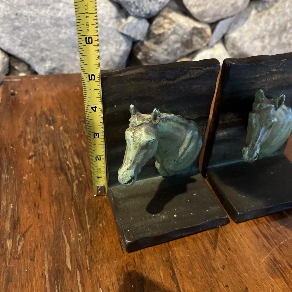 Antique Vtg Rare Horse Head Bookends, Heavy Metal, Nice Green Patina, 4x5x3